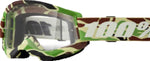 100% Goggles Strata 2 War Camo med klar lins och kamouflagemönstrad ram, idealiska för motocross och motorcykelskydd.