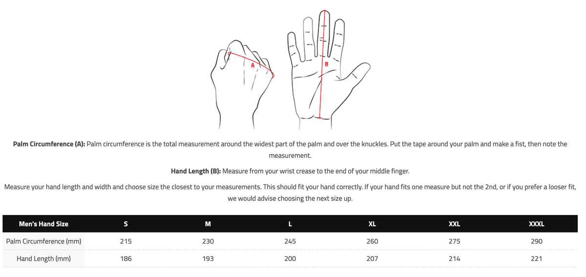 Storleksguide för Knox Mc-Handskar Action Pro Svart med mått för handomkrets och längd. Hjälper till att välja rätt storlek för perfekt passform.